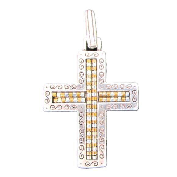 Brighton Bedazzled Orange Bead Silver & Gold Tone Reversible Cross Pendant - Picture 1 of 5
